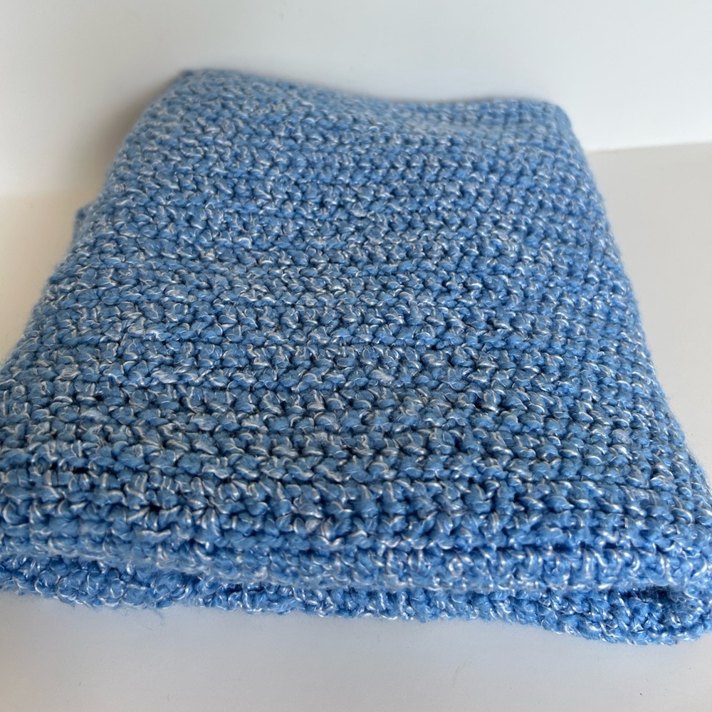 NEW Hand Knit Baby Blanket 36 X 26 Blue White  Soft And Cozy